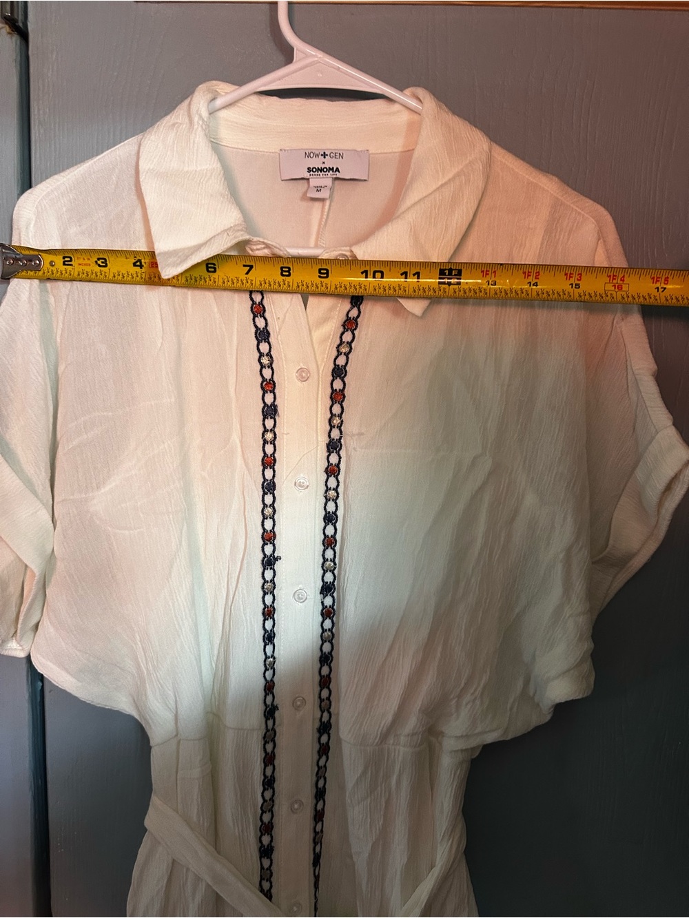 Sonoma Cream Maxi Shirt Dress with Navy Embroidered Trim and Red Tassels - Picture 2 of 9